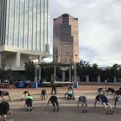 Fitness class taking place in Jacome Plaza