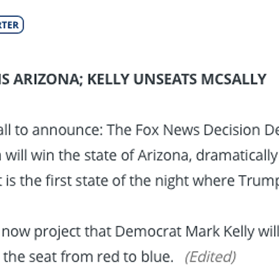 Fox News Calls Arizona for Biden, Kelly