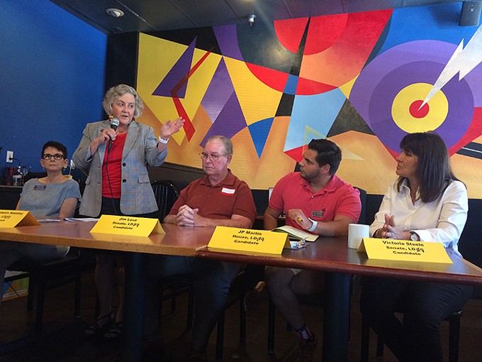 Legislative District 9 candidates make a pitch to voters Saturday, May 12. From left to right: Cheryl Cage stands in for state Rep. Randy Friese, state Rep. Pamela Powers Hannley, Senate candidate Jim Love, House candidate JP Martin and Senate candidate Victoria Steele.