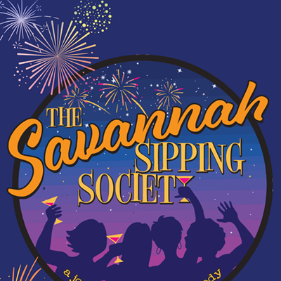 Alt text: Poster art for "The Savannah Sipping Society": underneath the title are the silhouettes of four women partying with fireworks in the night sky. underneath reads "a jones hope wooten comedy"
