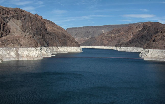The lowered water level at Lake Mead.