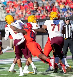 Arizona State’s Manny Wilkins fumbles a throw as he’s sacked by Arizona’s Jalen Harris - PHOTOS BY SIMON ASHER