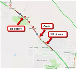An illustration of the backup from a fatal car crash on Interstate 10, with eastbound lanes closed for a time at Picacho Road, and Marana Road westbound. - COURTESY OF ADOT