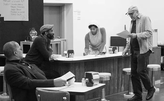 Alan Bomar Jones, Cedric Mays, Erika LaVonn, and director Lou Bellamy in rehearsals for Arizona Theatre Company’s Two Trains Running. - COURTESY