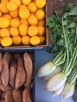Local food box: Meyer lemon courtesy of Iskashitaa Refugee Network, sweet potato grown at Crooked Sky Farms and Daikon radish from Forever Yong Farm. - PIVOT PRODUCE