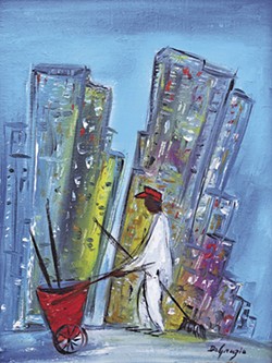 A painting from the ‘Degrazia Downtown’ exhibit featuring skyscrapers, a rare sight in DeGrazia’s artwork.