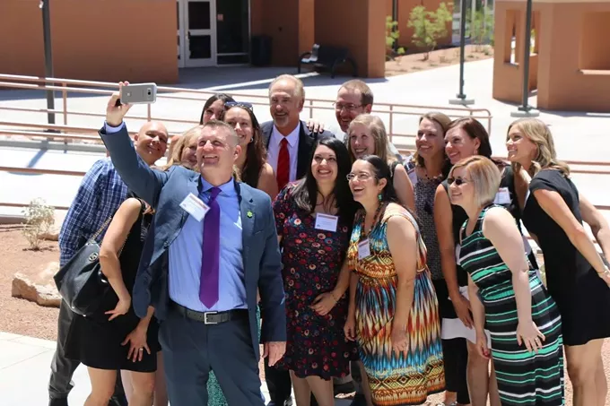 Innovation Academy teachers take a selfie with principal Michael McConnell when one the first day of classes in 2017. - LOGAN BURTCH-BUUS