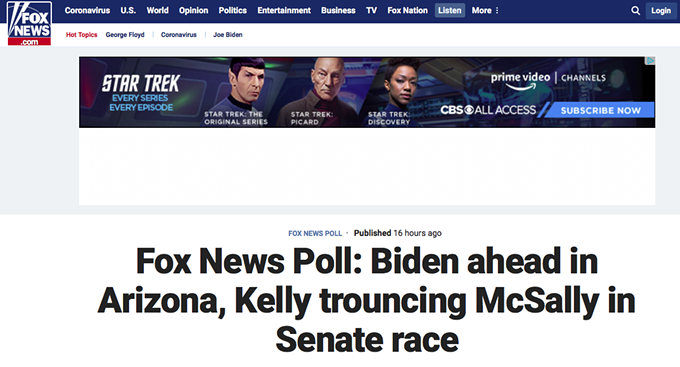 Fox News Poll: Kelly "Trouncing" McSally by 13 Points in AZ Senate Race, Trump Trails Biden in State