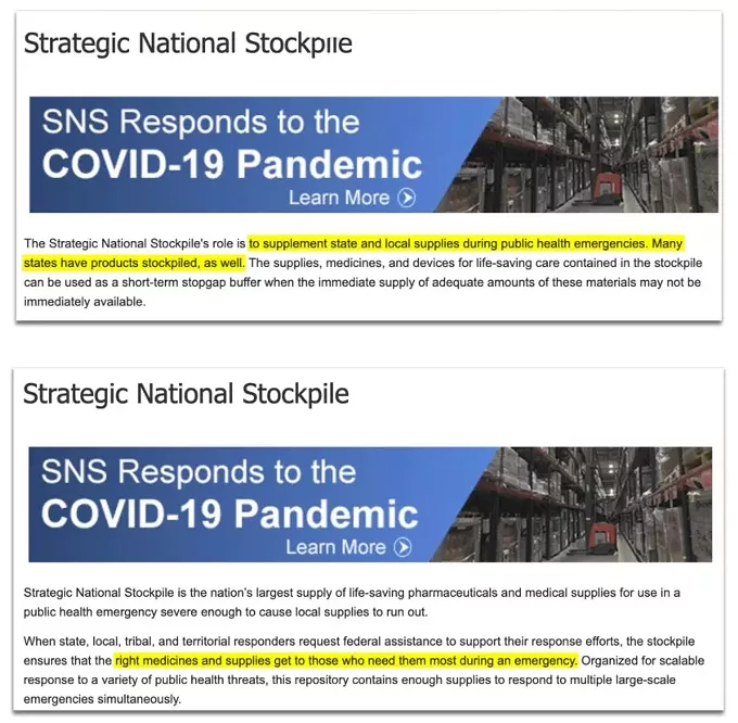 A screenshot of the Strategic National Stockpile’s website after Jared Kushner’s comment, above, and before his comment.