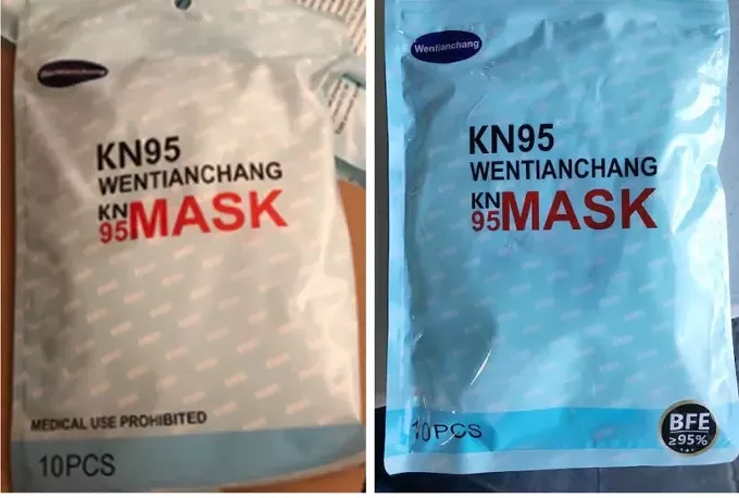 Jaime Rivera, a TaskRabbit worker, said the warning “medical use prohibited” was omitted when masks were moved from their original packaging, shown at left in an image shared by Rivera, into new packaging, right. A mask broker tried to sell them to the Texas Division of Emergency Management. (Right: Courtesy of Texas Division of Emergency Management)