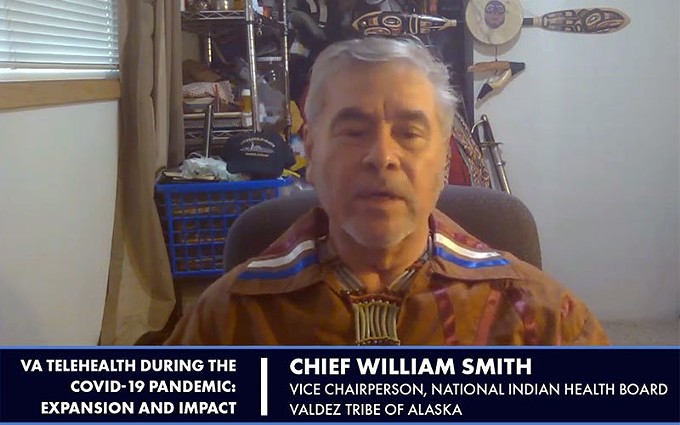 In this screenshot, William Smith, of the Valdez Native Tribe in Alaska, testifies before the U.S. House subcommittees on health and technology modernization about the need for more telehealth to help fight COVID-19. Smith has been working to draw attention to the lack of infrastructure in Indian Country during the pandemic. (Photo courtesy of the National Indian Health Board)