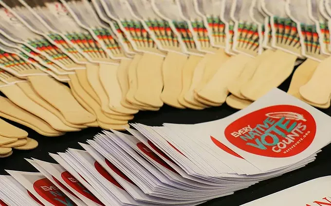 National Congress of American Indians literature touting tribal voting. Advocates welcomed a new policy in Arizona that makes it easier for people without standard street addresses - a common issue in tribal areas - to register to vote. But they also note that addresses are just one of many hurdles Native Americans may face when it comes to voting. - PHOTO BY NATIONAL CONGRESS OF AMERICAN INDIANS/CREATIVE COMMONS