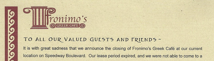 Fronimo's Greek Cafe Closing on Jan. 14