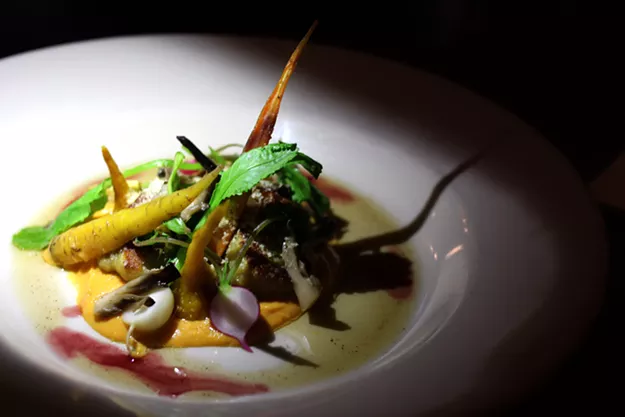 Gnocchi ($15) with brown butter, squash puree, baby root vegetables, maitake and almond dust - HEATHER HOCH