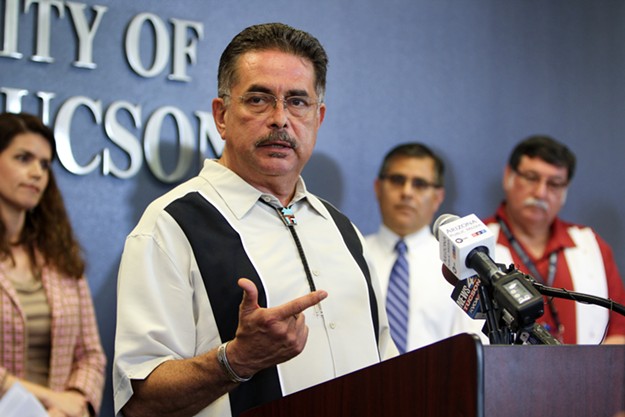 District 5 Supervisor Richard Elías during the June 6 press conference prior to the Tucson city council voting on a stance against President Trump’s border wall initiative. The Pima County Board of Supervisors voted 3-2 to approve the joint initiative earlier in the day. - LOGAN BURTCH-BUUS