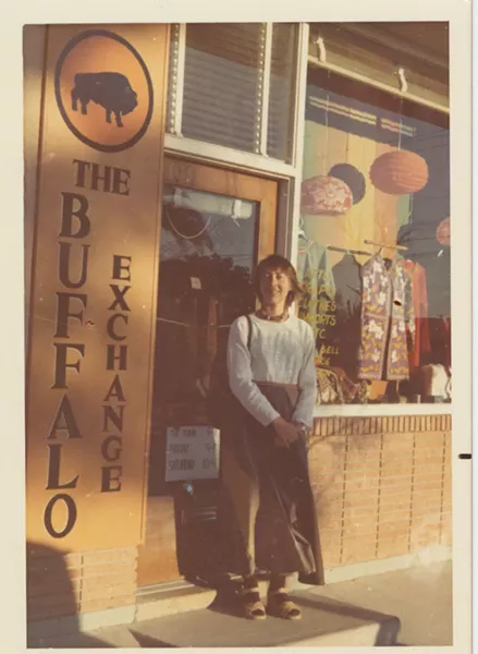 Kerstin in 1974 in front of the first exchange on Helen St - BUFFALO EXCHANGE