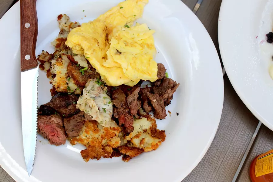 Seasoned hanger steak and eggs kicks off the morning with hearty flavor. - HEATHER HOCH