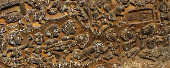 Detail of Story Board by unknown New Guinea artist, wood, charcoal and lime, not dated.