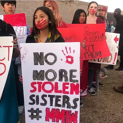 Protesters bring the issue of missing and murdered Indigenous women to a rally during President Donald Trump's visit to Phoenix in February. Advocates who have been raising the issue for years are cautiously optimistic about new federal legislation.