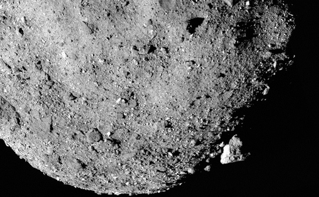 A closeup of Bennu, showing the asteroid’s rough surface with many boulders over 30 feet long.
